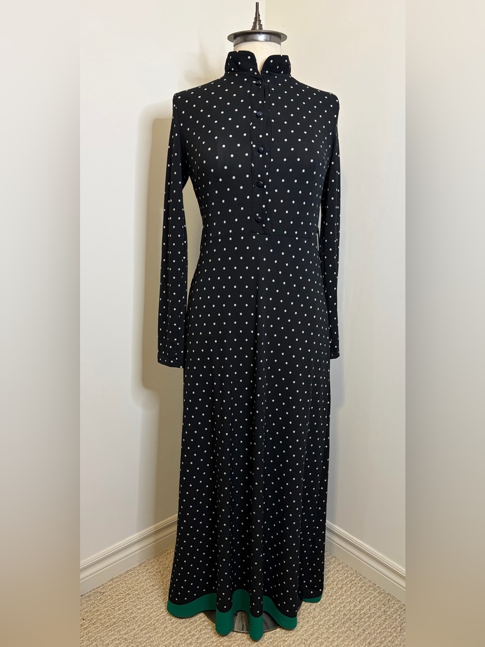 BLACK POLKA DOT Long Sleeve Midi Dress Mock Neck Retro Chic SIZE 10